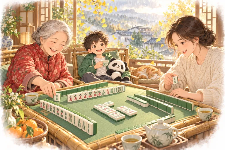 孙子已经胡了,在旁边抱着熊猫看;奶奶和妈妈继续打