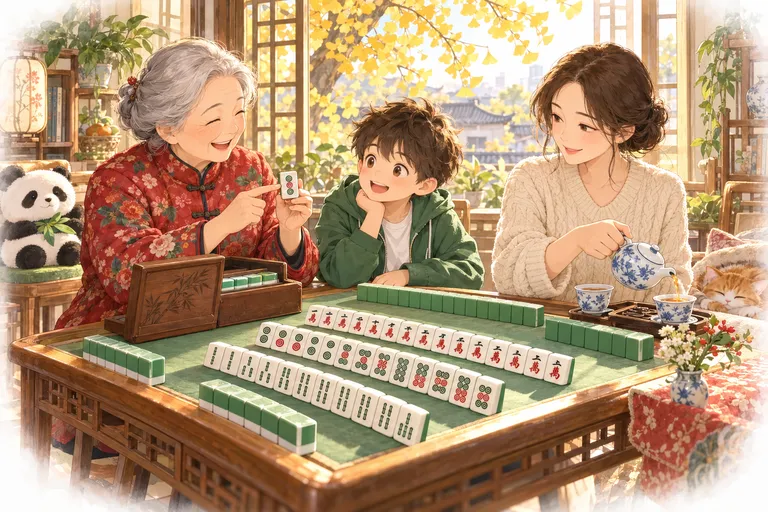 奶奶在家里的竹制麻将桌旁打开牌盒,拿起一张筒子教孙子,妈妈在旁边倒茶