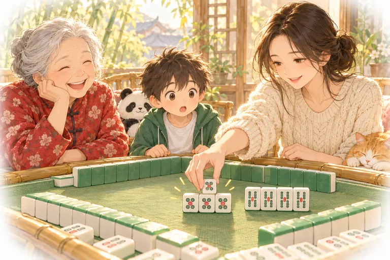 妈妈拿别人打出的五筒,和手上的两张凑成碰;旁边是先前的一杠