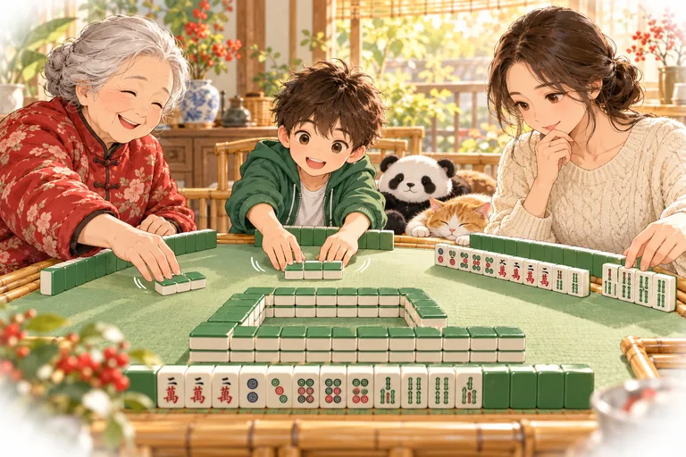 换三张:同一门的三张牌盖着推给别家;妈妈把条子都挪到一边,准备定缺