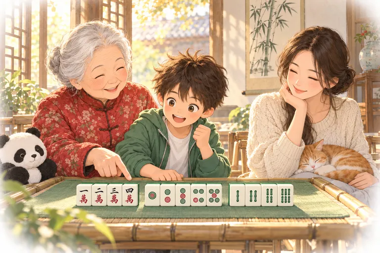 奶奶指着孙子按花色排好的手牌:万、筒、条分开放