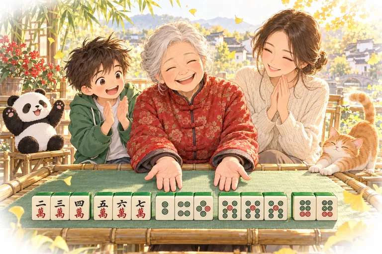 奶奶把胡牌的十四张摊开:只有万和筒,四组加一对